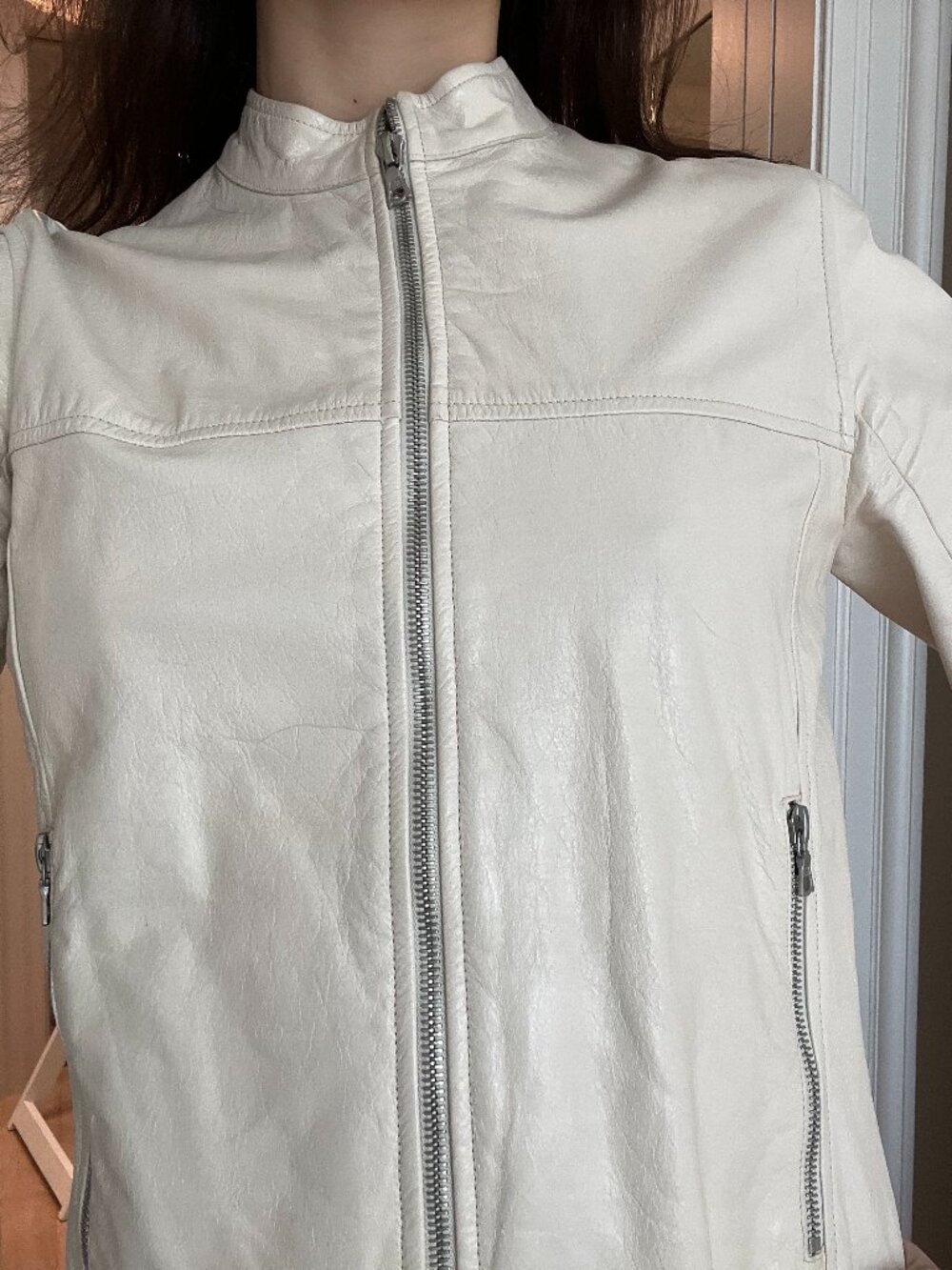 M0851 Ivory Moto Jacket, 100% Leather, Made in Canada, Size S